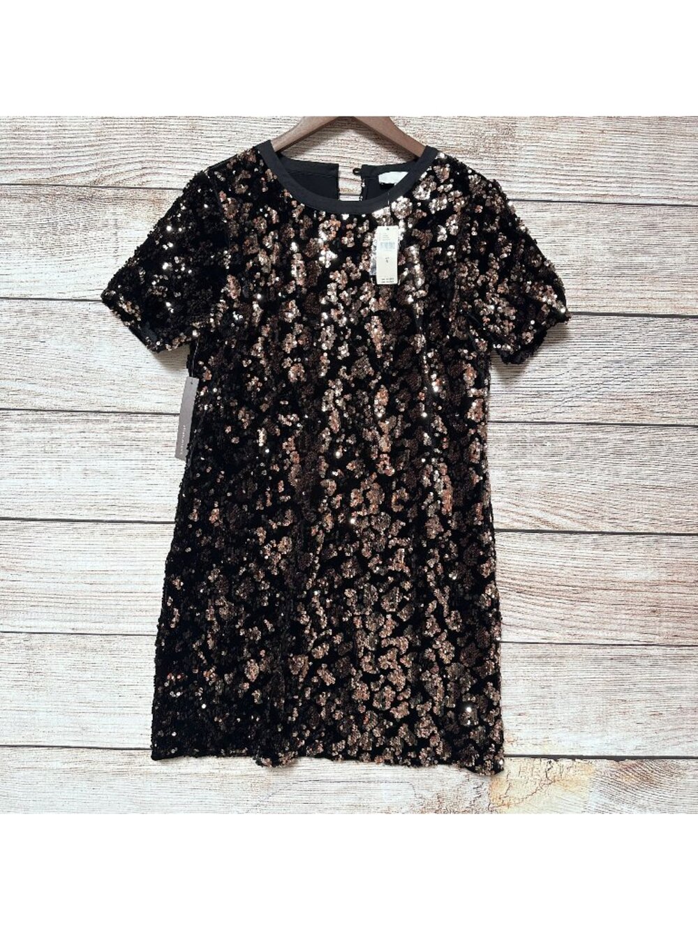 Ro & De Anthropologie Andi Sequined Tee Dress Womens Black Gold Velvet Size M